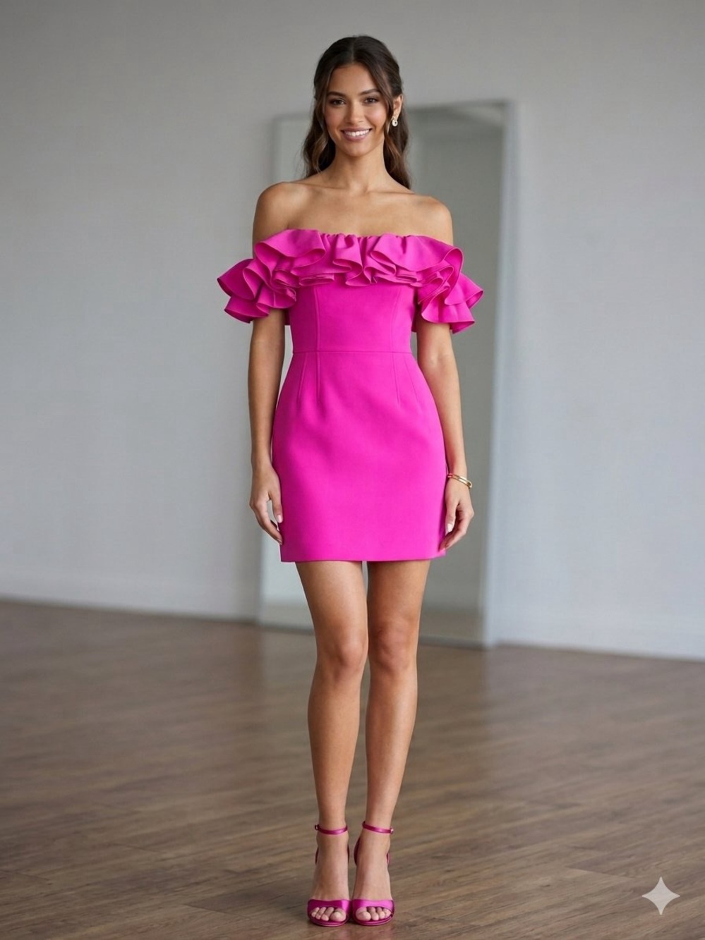 Monique Lhuillier Hot Pink Off-Shoulder Ruffle Mini Dress